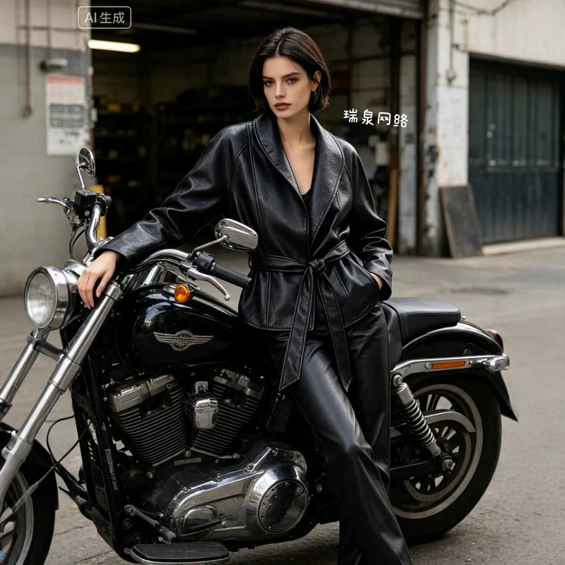 Damen taillierter Trenchcoat aus Kunstleder mit weitem Revers und Bindegürtel Nord Taschen