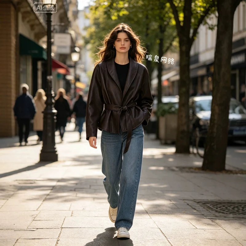 Damen taillierter Trenchcoat aus Kunstleder mit weitem Revers und Bindegürtel Nord Taschen