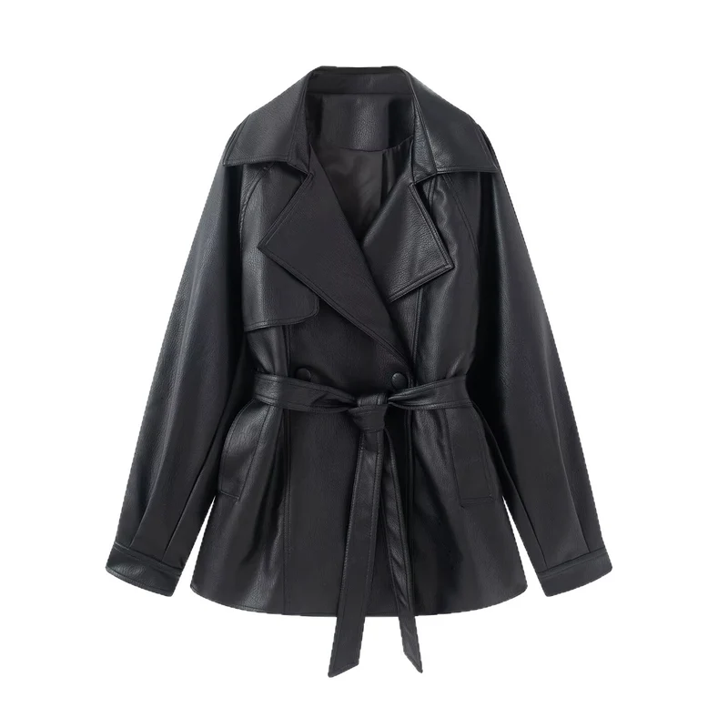 Damen taillierter Trenchcoat aus Kunstleder mit weitem Revers und Bindegürtel Nord Taschen