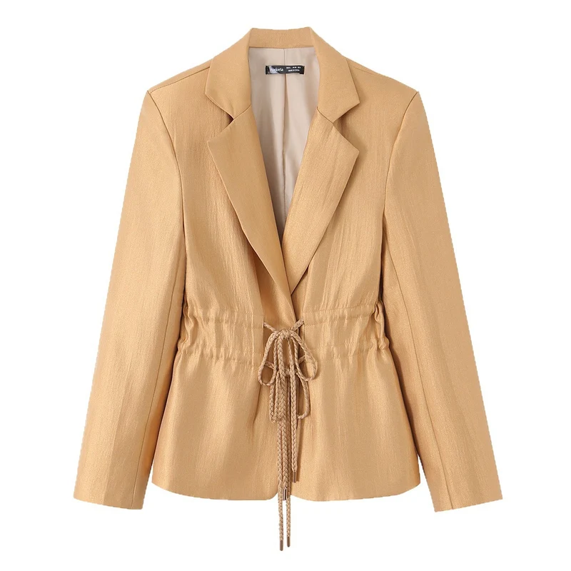 Damen Taillierter Satinblazer mit Kordelzug und Reverskragen Nord Taschen