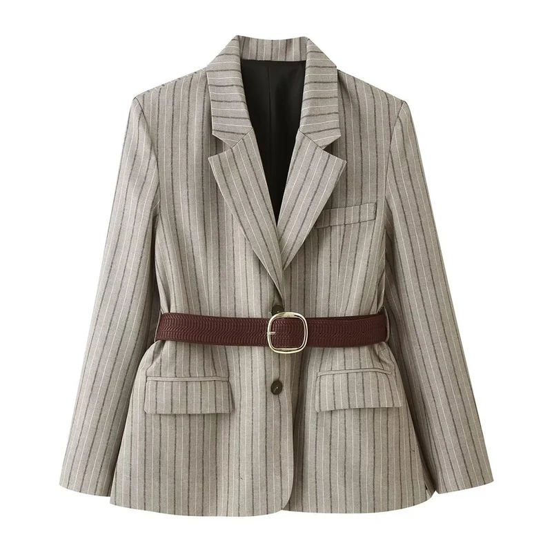 Damen Taillierter Nadelstreifen-Blazer mit Pattentaschen und Taillengürtel Nord Taschen
