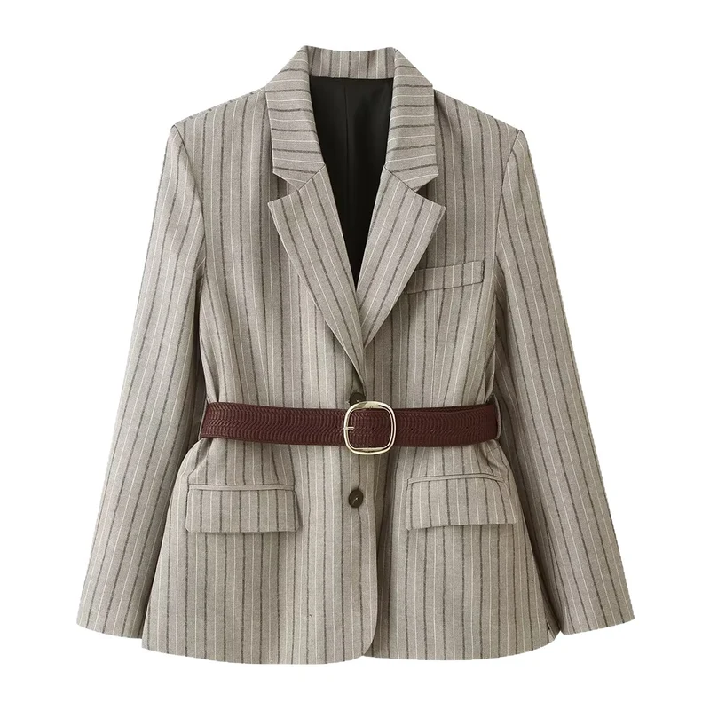 Damen Taillierter Nadelstreifen-Blazer mit Pattentaschen und Taillengürtel Nord Taschen