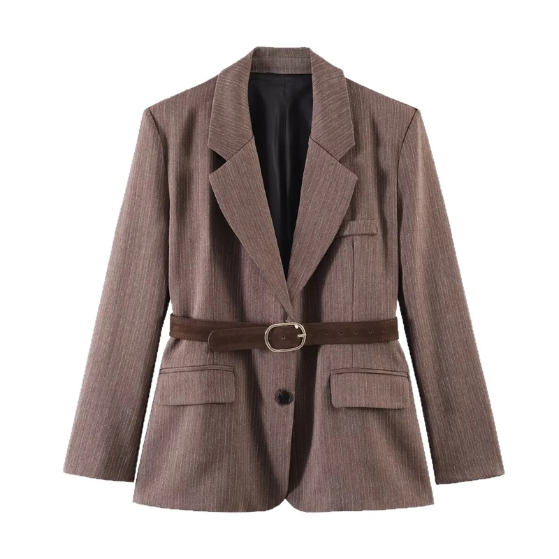 Damen Taillierter Nadelstreifen-Blazer mit abnehmbarem Gürtel Nord Taschen