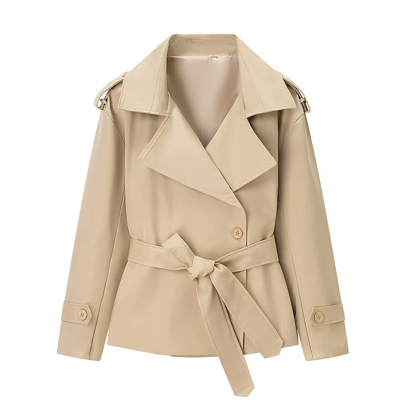 Damen Taillierter kurzer Trenchcoat mit Bindegürtel und Epauletten Nord Taschen