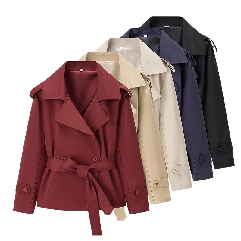 Damen Taillierter kurzer Trenchcoat mit Bindegürtel und Epauletten Nord Taschen