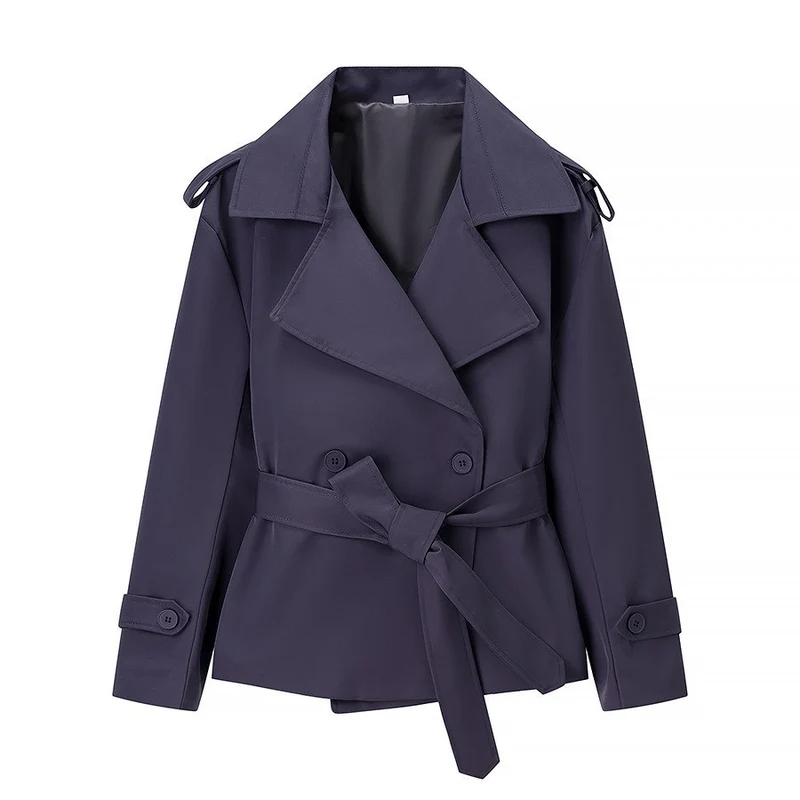 Damen Taillierter kurzer Trenchcoat mit Bindegürtel und Epauletten Nord Taschen