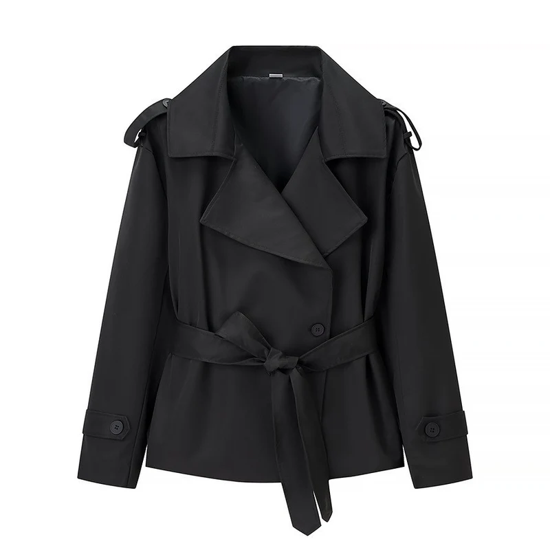 Damen Taillierter kurzer Trenchcoat mit Bindegürtel und Epauletten Nord Taschen