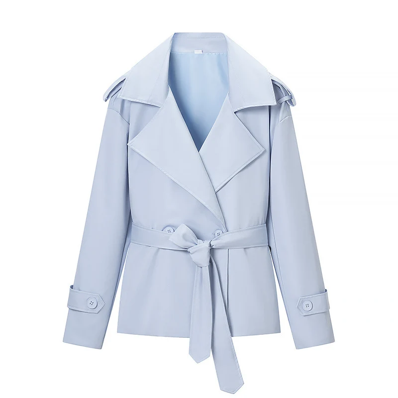 Damen Taillierter kurzer Trenchcoat mit Bindegürtel und Epauletten Nord Taschen