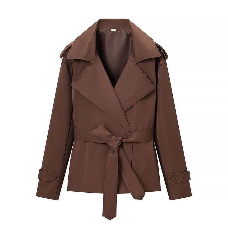 Damen Taillierter kurzer Trenchcoat mit Bindegürtel und Epauletten Nord Taschen
