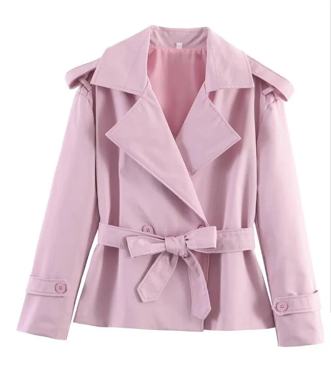 Damen Taillierter kurzer Trenchcoat mit Bindegürtel und Epauletten Nord Taschen