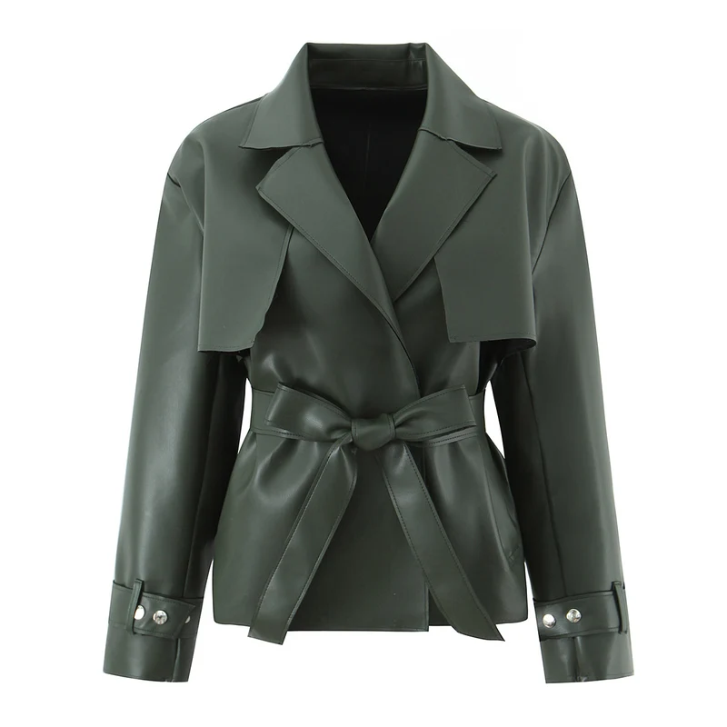 Damen Taillierter Kurzer Trenchcoat aus veganer Lederoptik mit Bindegürtel und Cape-Detail Nord Taschen