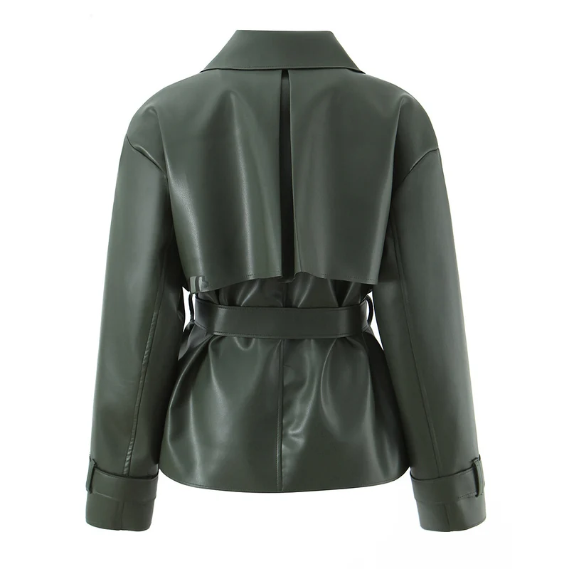 Damen Taillierter Kurzer Trenchcoat aus veganer Lederoptik mit Bindegürtel und Cape-Detail Nord Taschen