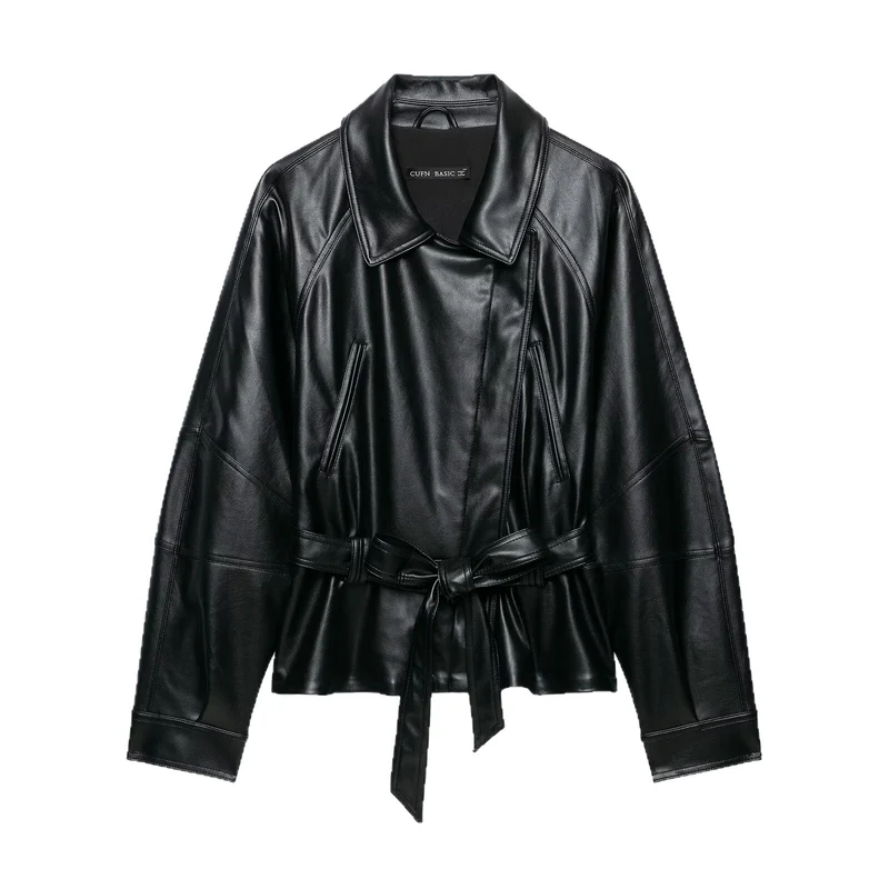 Damen Taillierter Kunstleder-Blazer mit Bindegürtel und Schalkragen Nord Taschen