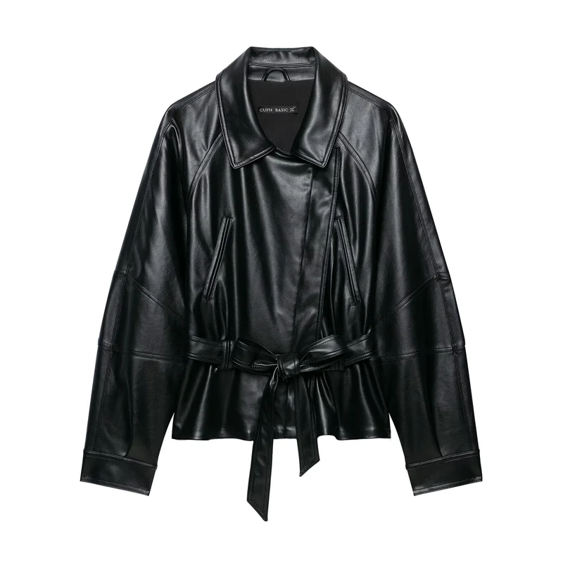 Damen Taillierter Kunstleder-Blazer mit Bindegürtel und Schalkragen Nord Taschen