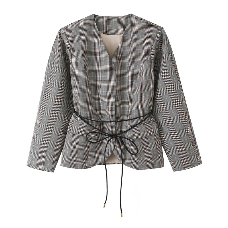 Damen Taillierter Glencheck-Blazer mit V‑Ausschnitt und Wickelgürtel Nord Taschen