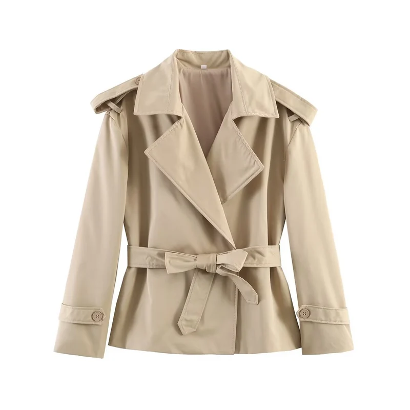 Damen Taillierter Cropped-Trenchcoat mit breitem Revers, Bindegürtel und Schulterklappen Nord Taschen