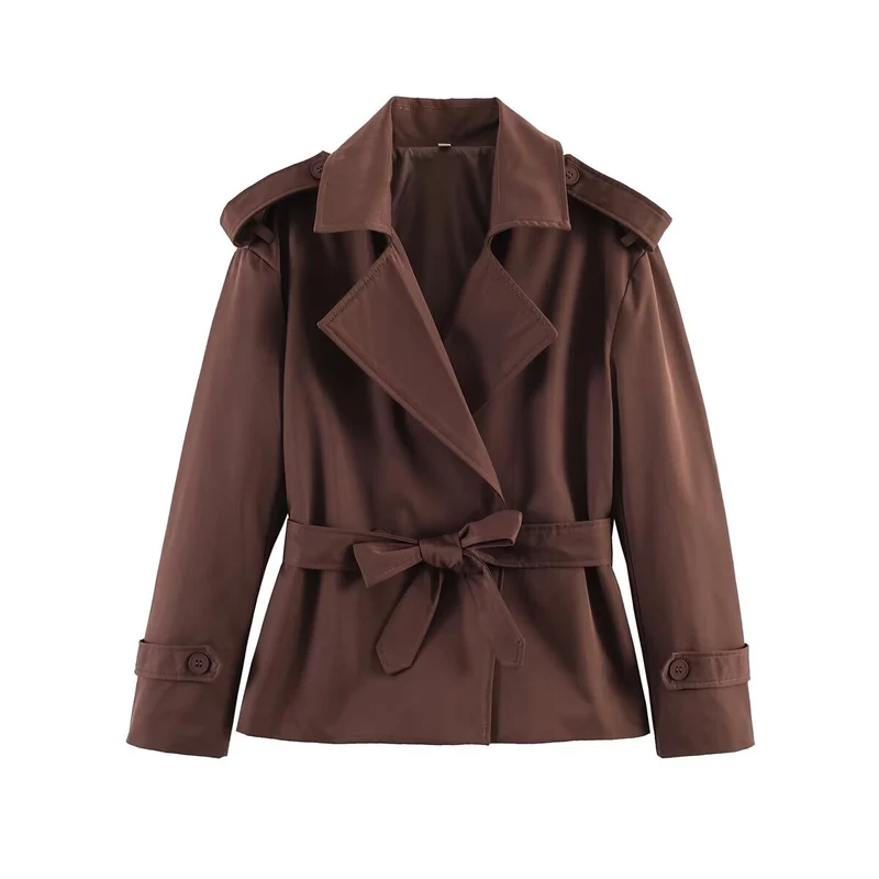 Damen Taillierter Cropped-Trenchcoat mit breitem Revers, Bindegürtel und Schulterklappen Nord Taschen