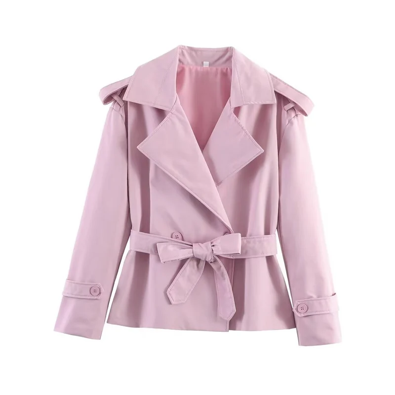 Damen Taillierter Cropped-Trenchcoat mit breitem Revers, Bindegürtel und Schulterklappen Nord Taschen