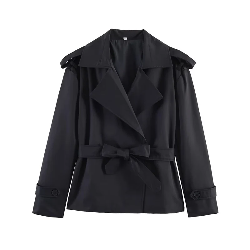 Damen Taillierter Cropped-Trenchcoat mit breitem Revers, Bindegürtel und Schulterklappen Nord Taschen