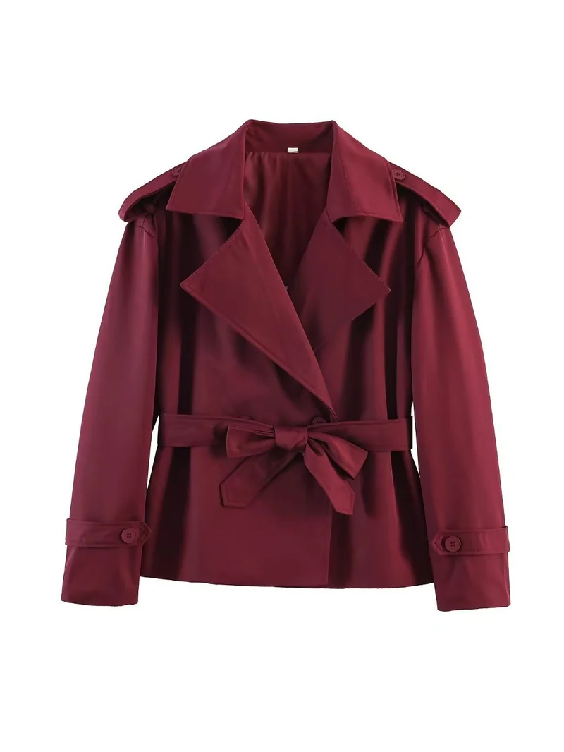 Damen Taillierter Cropped-Trenchcoat mit breitem Revers, Bindegürtel und Schulterklappen Nord Taschen