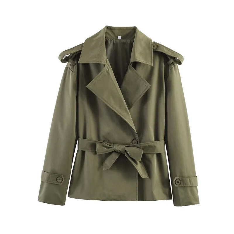 Damen Taillierter Cropped-Trenchcoat mit breitem Revers, Bindegürtel und Schulterklappen Nord Taschen