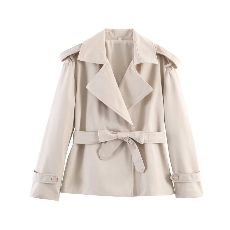 Damen Taillierter Cropped-Trenchcoat mit breitem Revers, Bindegürtel und Schulterklappen Nord Taschen