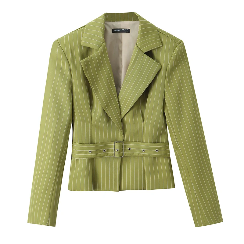 Damen Taillierter Cropped-Blazer mit Bundgürtel und Nadelstreifen Nord Taschen
