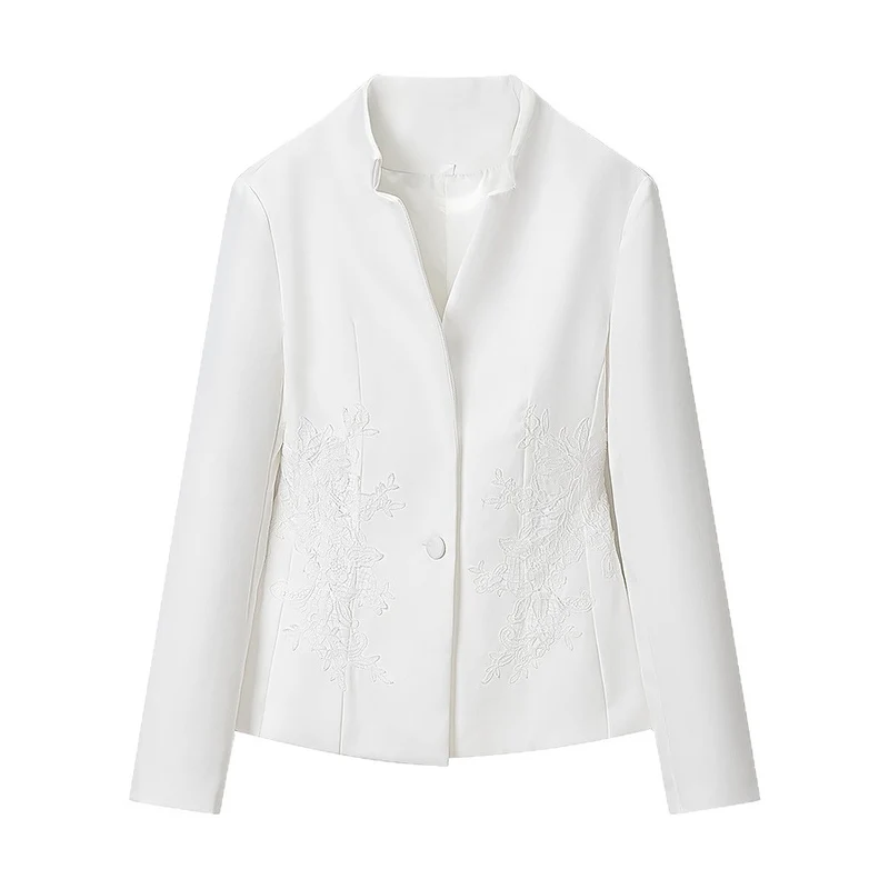 Damen Taillierter Blazer mit Stehkragen und floraler Stickerei Nord Taschen