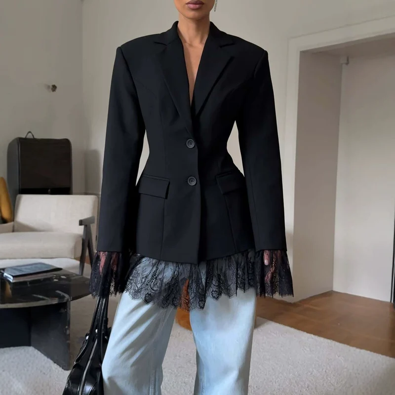 Damen Taillierter Blazer mit Spitzenborte am Saum und Manschetten Nord Taschen