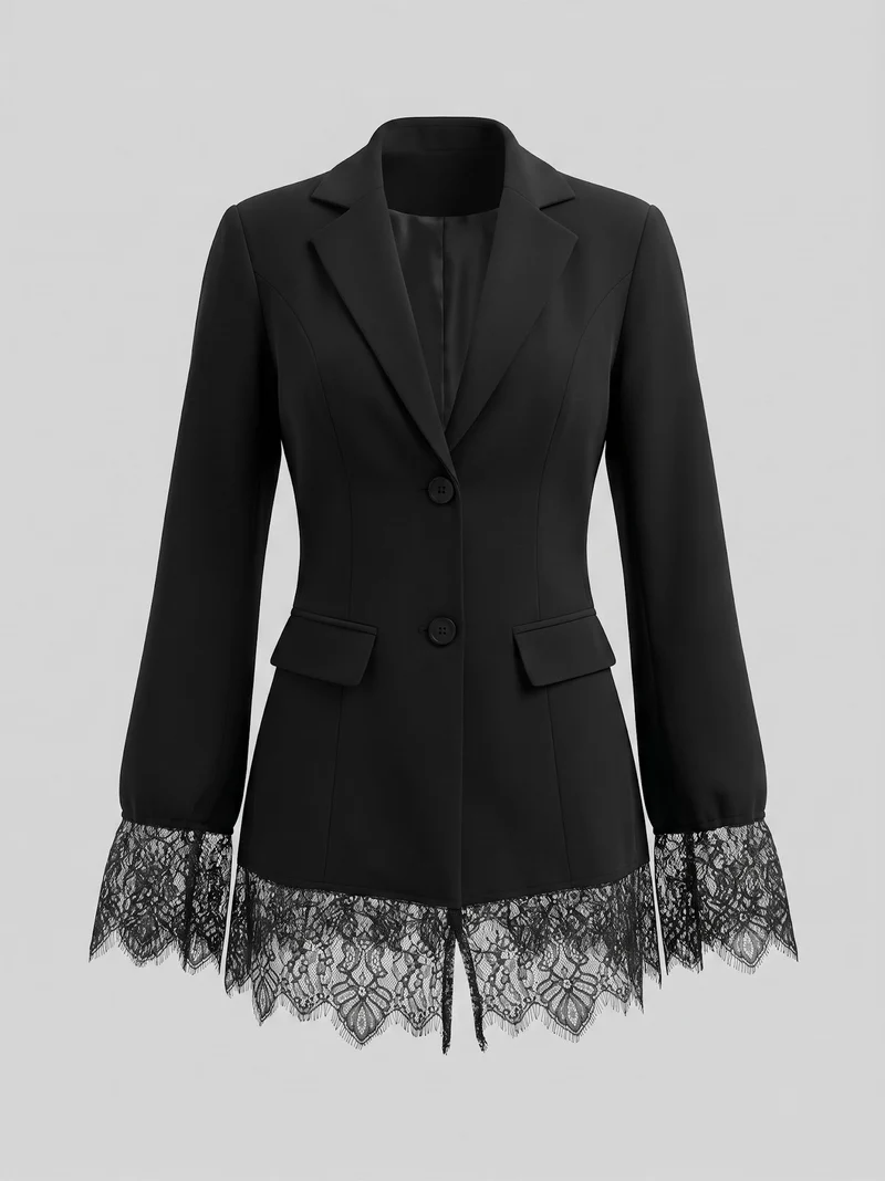 Damen Taillierter Blazer mit Spitzenborte am Saum und Manschetten Nord Taschen
