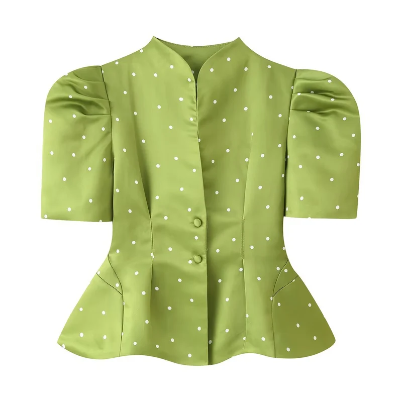 Damen Taillierte Satinbluse mit Puffärmeln, Stehkragen und Polka‑Dot‑Print Nord Taschen