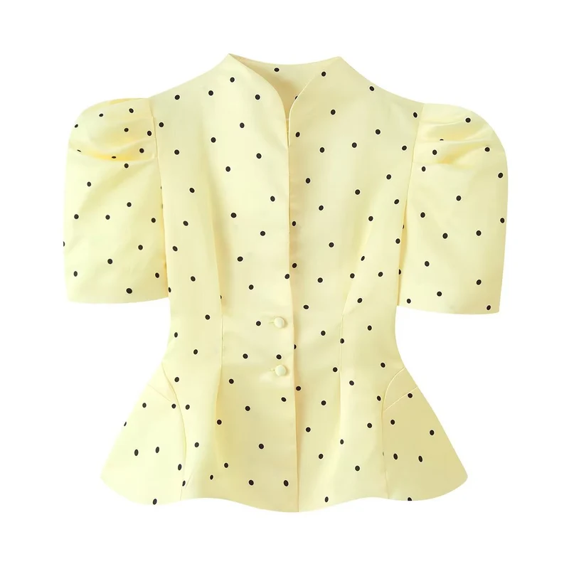 Damen Taillierte Satinbluse mit Puffärmeln, Stehkragen und Polka‑Dot‑Print Nord Taschen