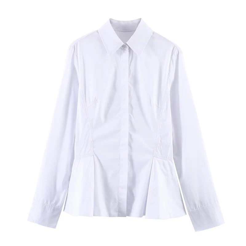 Damen Taillierte Popeline‑Bluse mit Peplum-Details und verdeckter Knopfleiste Nord Taschen