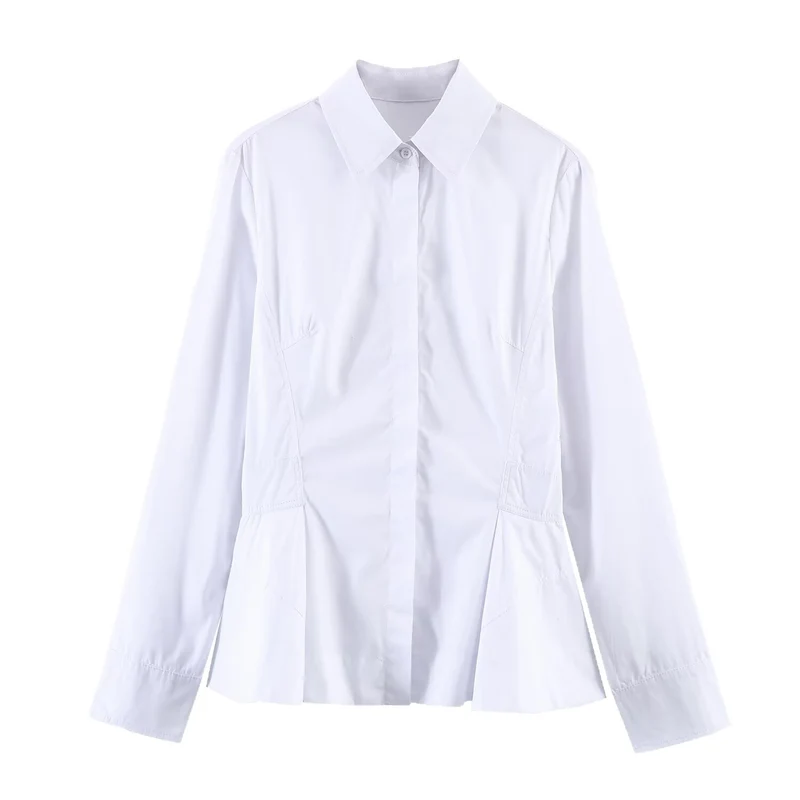 Damen Taillierte Popeline‑Bluse mit Peplum-Details und verdeckter Knopfleiste Nord Taschen