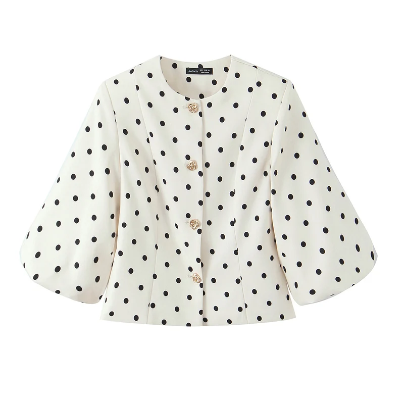 Damen Taillierte Polka‑Dot Blusenjacke mit Volumenärmeln und goldenen Schmuckknöpfen Nord Taschen