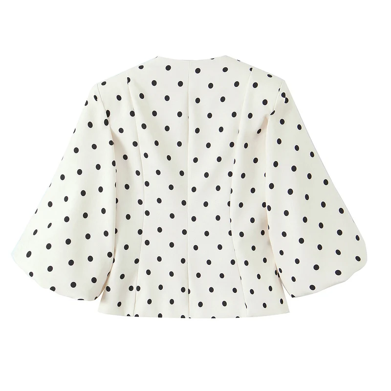 Damen Taillierte Polka‑Dot Blusenjacke mit Volumenärmeln und goldenen Schmuckknöpfen Nord Taschen