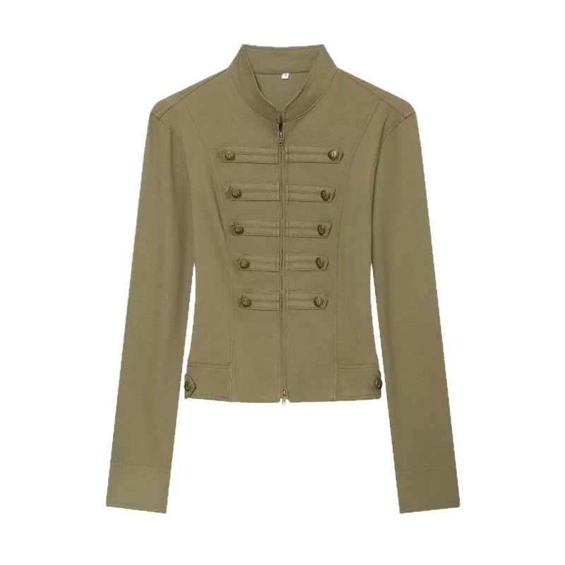 Damen Taillierte Militärinspirierte Kurzjacke mit Stehkragen und Zierknopfleisten Nord Taschen