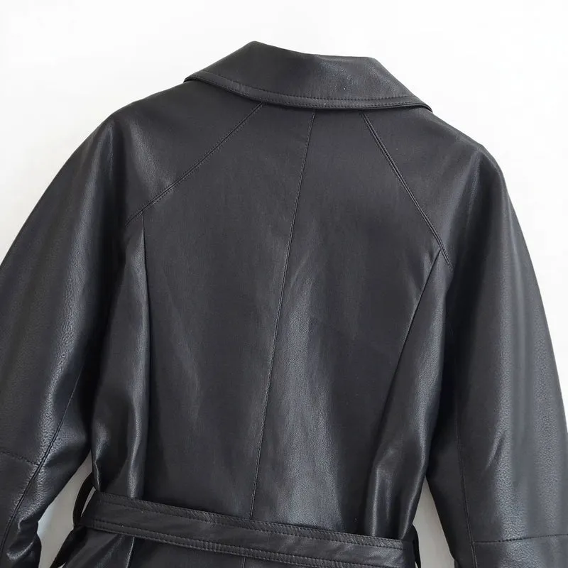 Damen Taillierte Lederoptik‑Jacke mit Bindegürtel und Raglanärmeln Nord Taschen