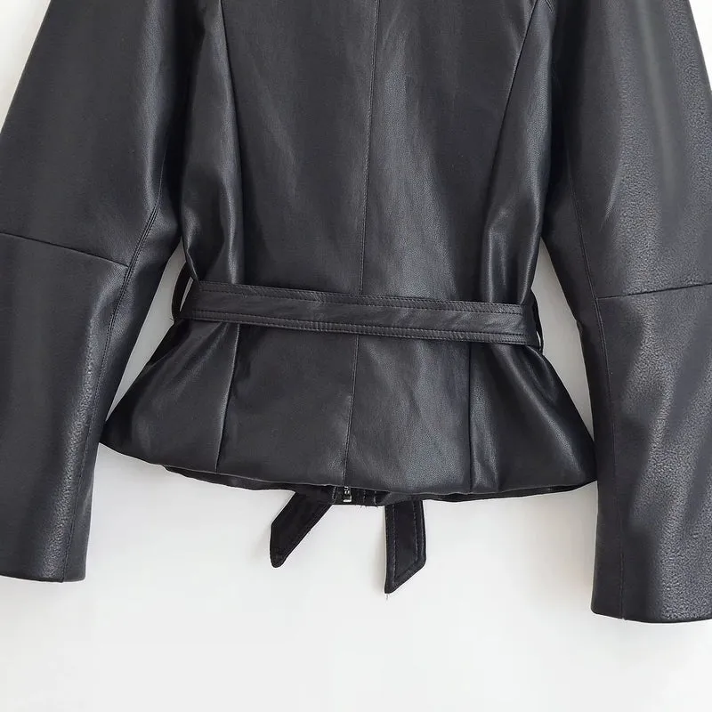 Damen Taillierte Lederoptik‑Jacke mit Bindegürtel und Raglanärmeln Nord Taschen
