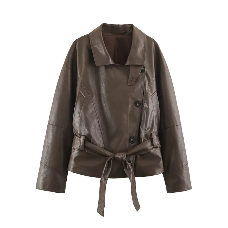 Damen taillierte Cropped Kunstlederjacke mit Bindegürtel und asymmetrischer Knopfleiste Nord Taschen