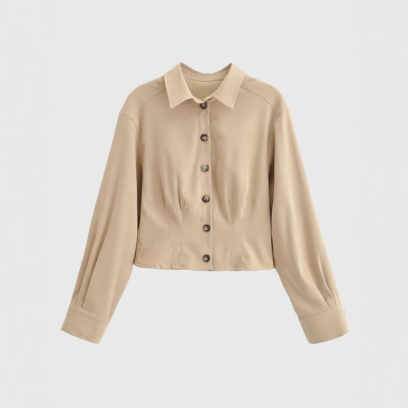 Damen Taillierte Cropped-Hemdjacke mit Wiener Nähten und Ballonärmeln Nord Taschen