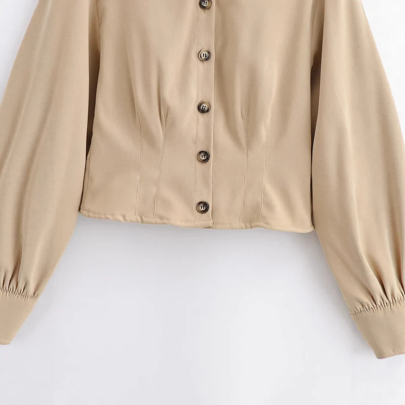 Damen Taillierte Cropped-Hemdjacke mit Wiener Nähten und Ballonärmeln Nord Taschen