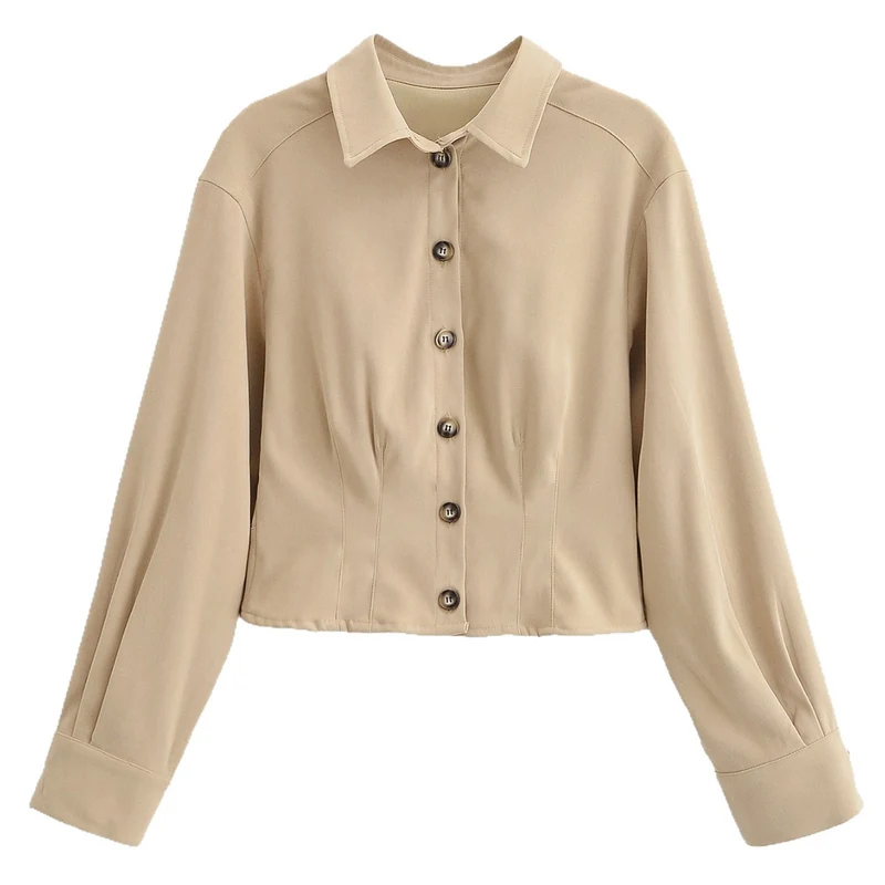 Damen Taillierte Cropped-Hemdjacke mit Wiener Nähten und Ballonärmeln Nord Taschen