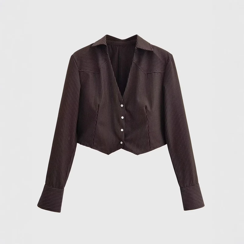 Damen Taillierte Cropped-Hemdbluse im Nadelstreifen mit tiefem V-Ausschnitt Nord Taschen