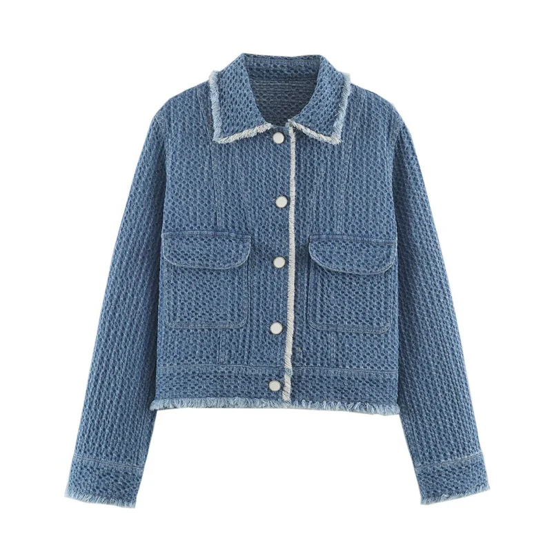 Damen strukturierte Kurzjacke aus Bouclé-Denim mit Fransensaum Nord Taschen