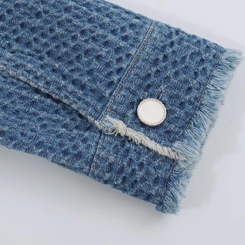 Damen strukturierte Kurzjacke aus Bouclé-Denim mit Fransensaum Nord Taschen