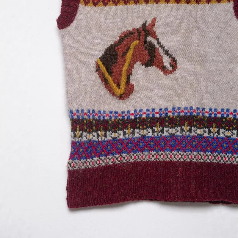 Damen Strickweste mit Norweger‑Muster, V‑Ausschnitt und Pferdeintarsien Nord Taschen