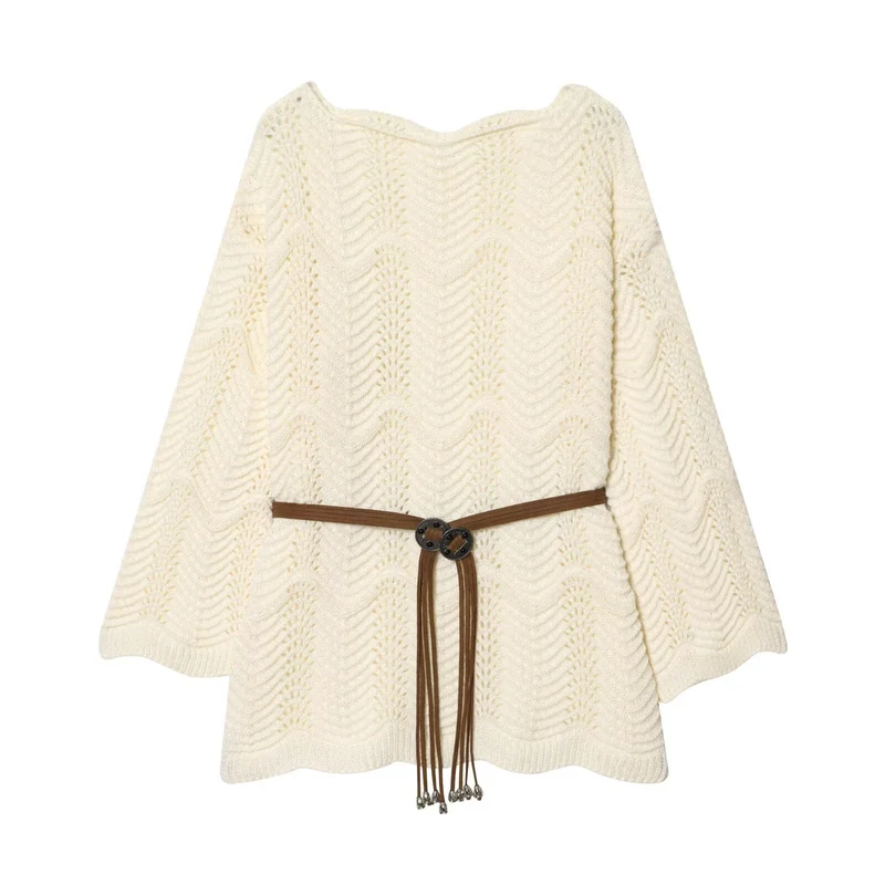 Damen Strickponcho mit Zickzack‑Ajourmuster und Taillengürtel Nord Taschen