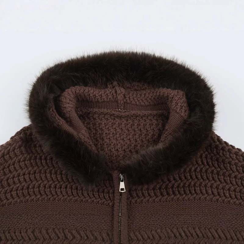 Damen Strickjacke mit durchgehendem Reißverschluss und kuscheligem Kunstpelzkragen Nord Taschen