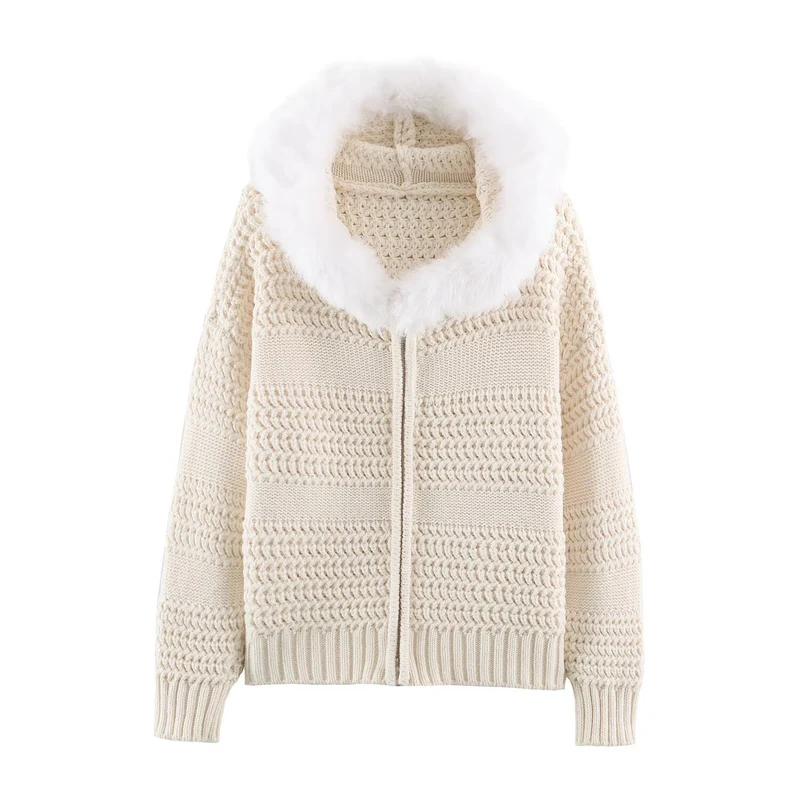 Damen Strickjacke mit durchgehendem Reißverschluss und kuscheligem Kunstpelzkragen Nord Taschen
